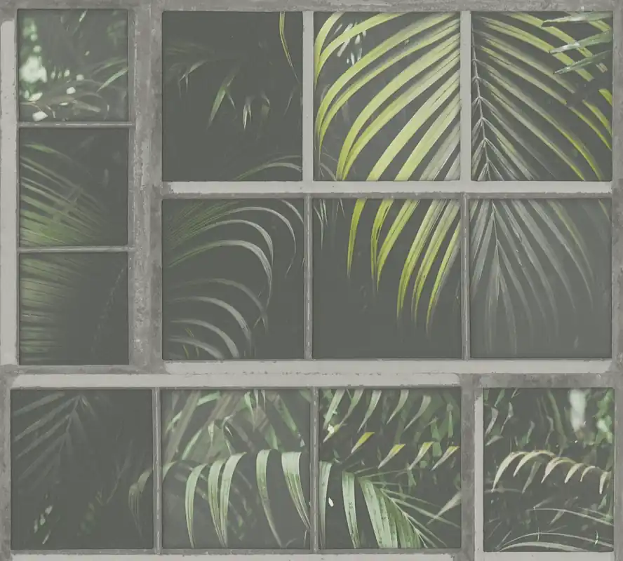Livingwalls Industrial, Palmentapete, grau, grün 377402 Highlight