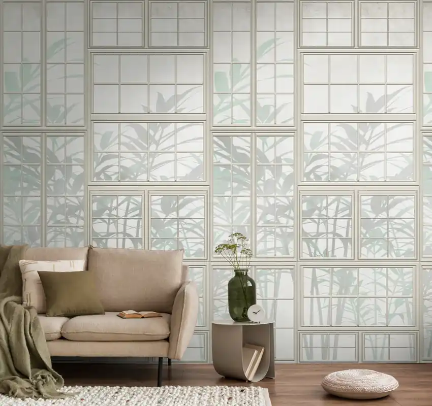 Fototapete mit Fenster- und Pflanzenmotiv in Creme ➤ 1,59x2,80 m Nur Für Kurze Zeit