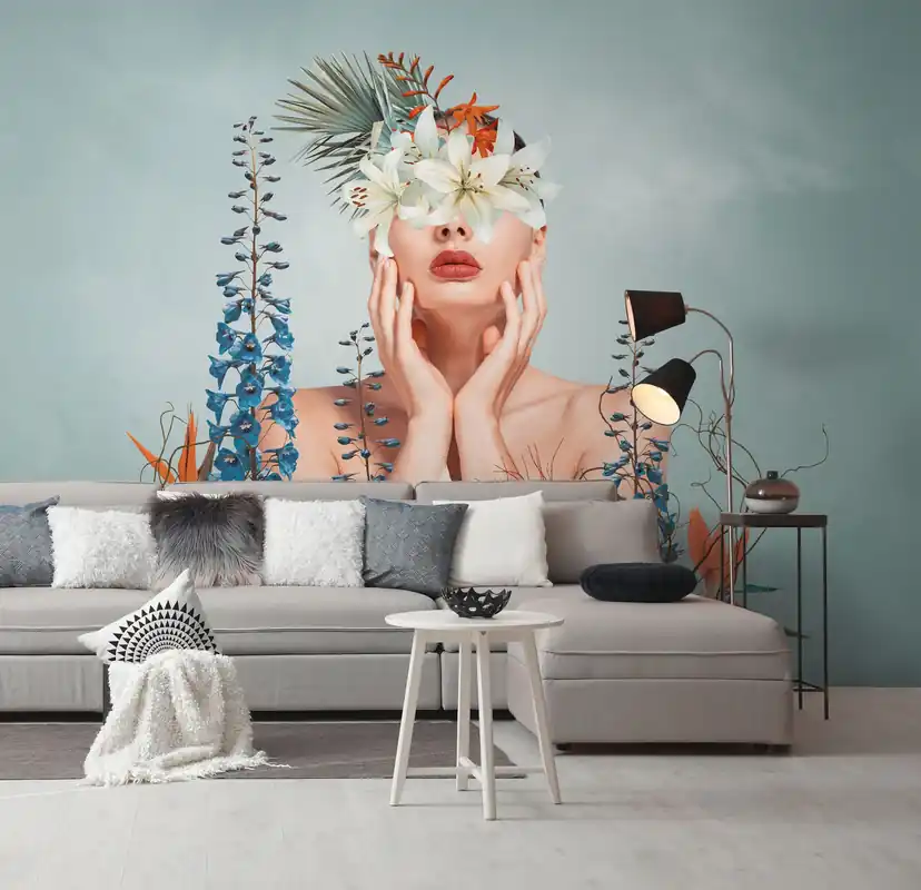 Preis Gesenkt Fototapete Frau mit Blumenmotiv in Blau ➤ 3,71x2,80 m