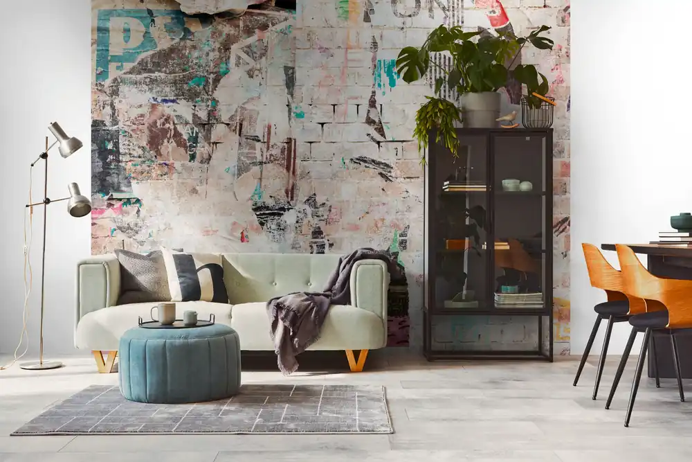 Fototapete Used-Look mit Graffiti in Beige ➤ 3,71x2,80 m Markenprodukt