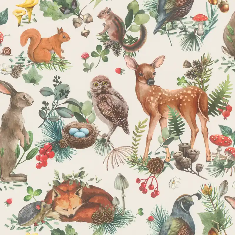 Rasch Kids World, Tiere im Wald, beige grün 300321 Direktkauf