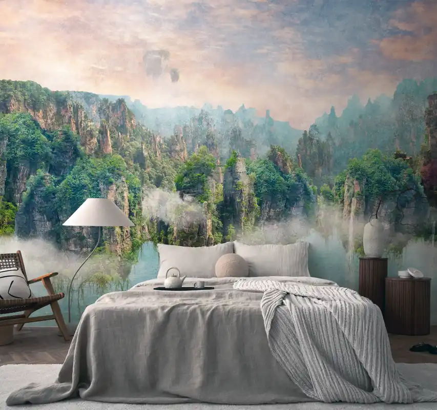 Fototapete Landschaft mit Bergen in Bunt ➤ 3,71x2,80 m Letzte Chance