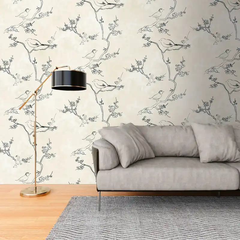 Fototapete Vogeltapete mit Zeichnung in Creme ➤ 1,59x2,80 m Saisonangebot