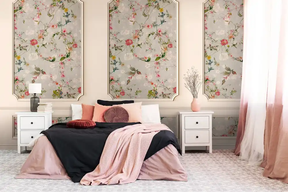 Fototapete Stuckwand mit Blumen in Beige ➤ 1,59x2,80 m Letzte Chance