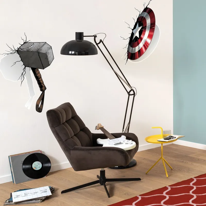 Neu Im Sortiment Komar Wandbild Marvel Avengers Weapons 70 x 50 cm Sticker Folie Selbstklebend Mjölnir Caps Schild
