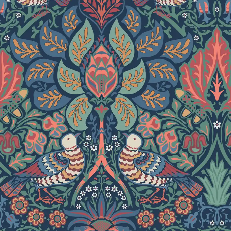 Neu Im Sortiment Tapete, Blau, Orange, Blumen, Vögel, 140477, William Morris at Home vol. 2