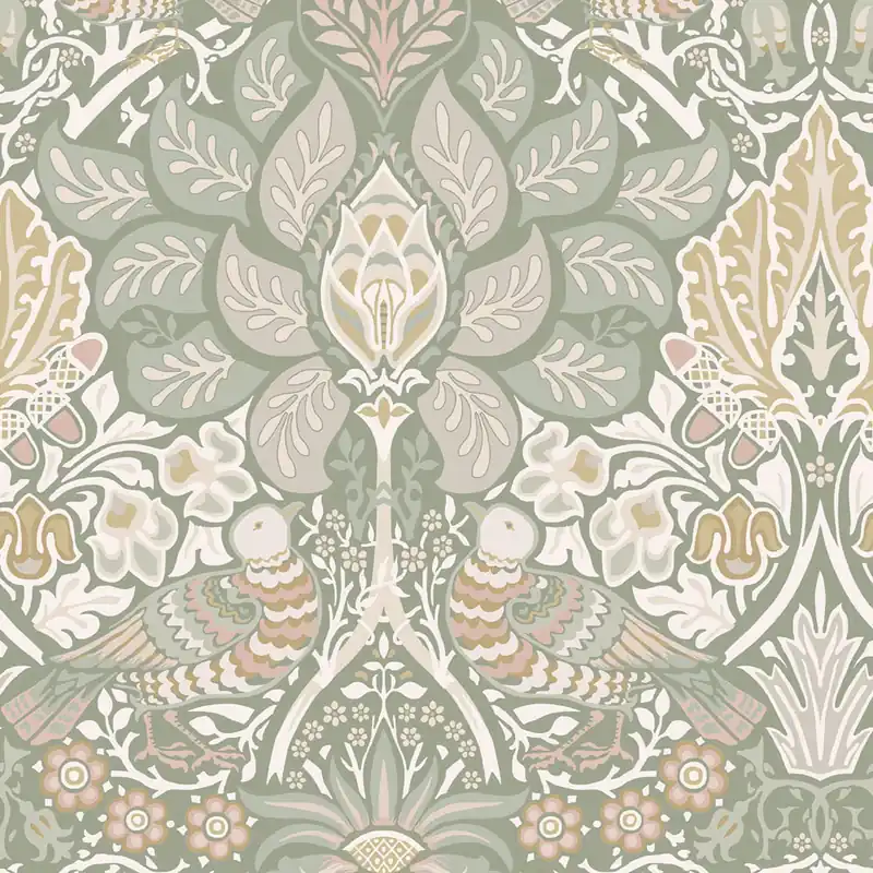 Tapete, Grün, Rosa, Blumen, Vögel, 140482, William Morris at Home vol. 2 Sonderaktion