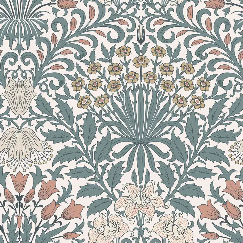 Solange Der Vorrat Reicht Tapete, Blau, Gelb, Blumen, Blätter, 140493, William Morris at Home vol. 2