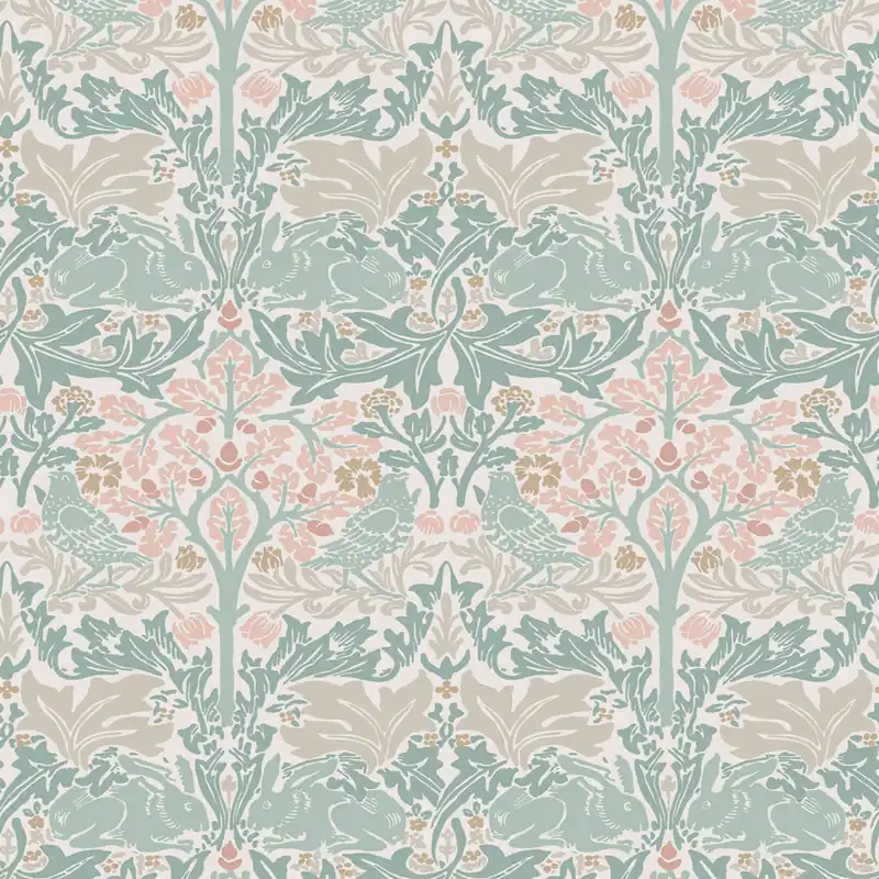 Bestpreis Tapete, Grün, Rosa, Blätter, Bäume, Vögel, Hasen, 140499, William Morris at Home vol. 2