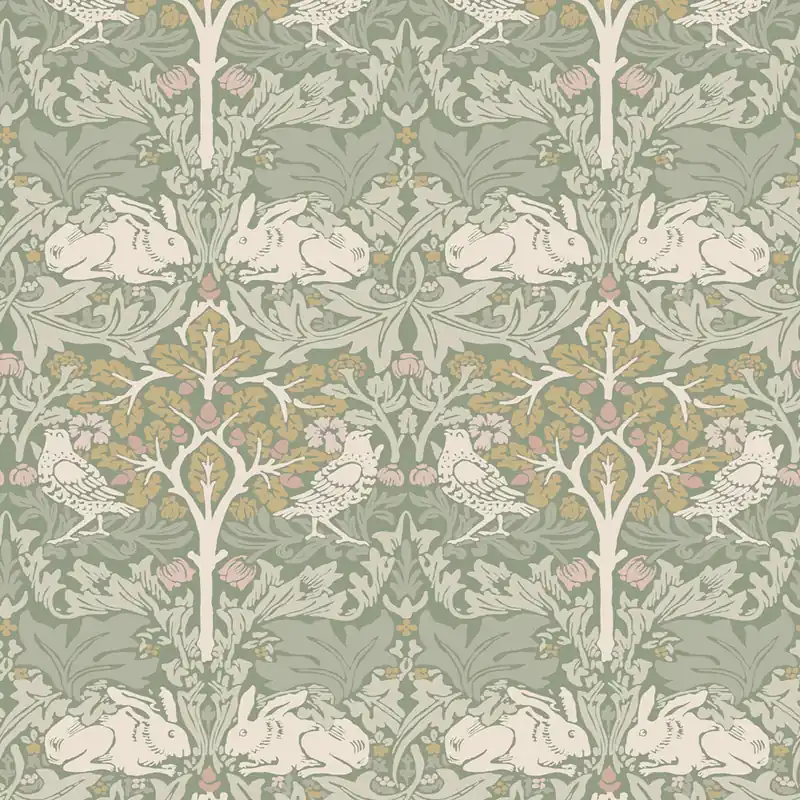 Solange Der Vorrat Reicht Tapete, Grau, Grün, Blätter, Bäume, Vögel, Hasen, 140500, William Morris at Home vol. 2