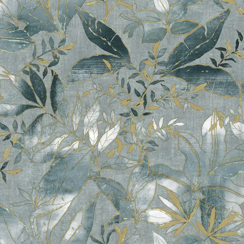 Tapete, blau, gold, Blätter und Zweige, AU41704, Aurelia, Prestige Wallcoverings Beliebt