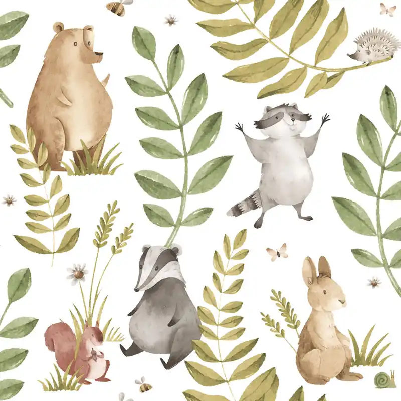 Neue Kollektion Kindertapete, braun, grau, Tiere und Blätter, 4412, Momi, Parato by Cristiana Masi