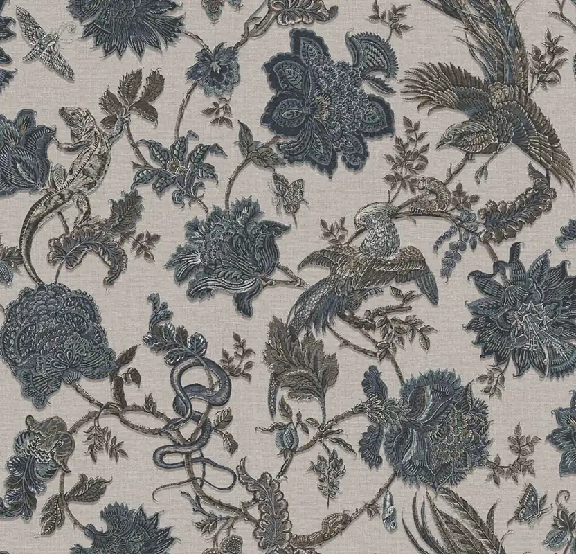 Echt Tapete, braun-blau, Blumen, Tiere, 143240, Jaipur, Graham Brown Premium