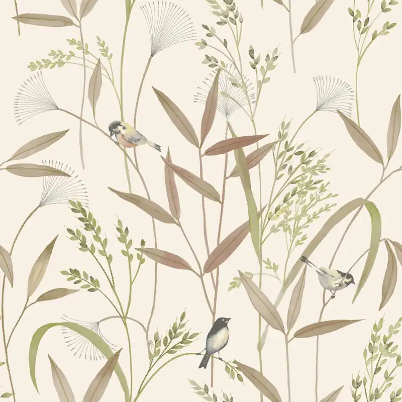 Geprüft Tapete, braun-grün, Wiesen-Gras, Vögel, A83502, Inia, Grandeco