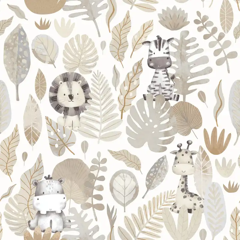Schnäppchen Grau-beige Kindertapete mit Tieren und Blättern, 14837, Happy, Parato