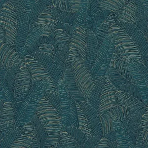Blau-goldene Tapete mit Blättern, SPI101, Spirit of Nature, Khroma by Masureel Jetzt Bestellen