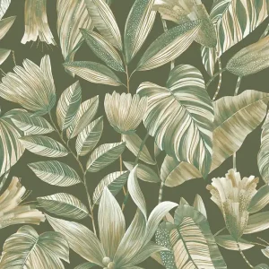 Grüne Vliestapete mit Blumen und Blättern, BZ3106, Belize, Grandeco Markenware