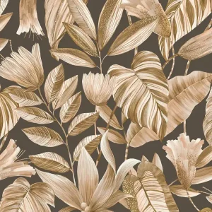 Braune Vliestapete mit Blumen und Blättern, BZ3108, Belize, Grandeco Wochenendangebot