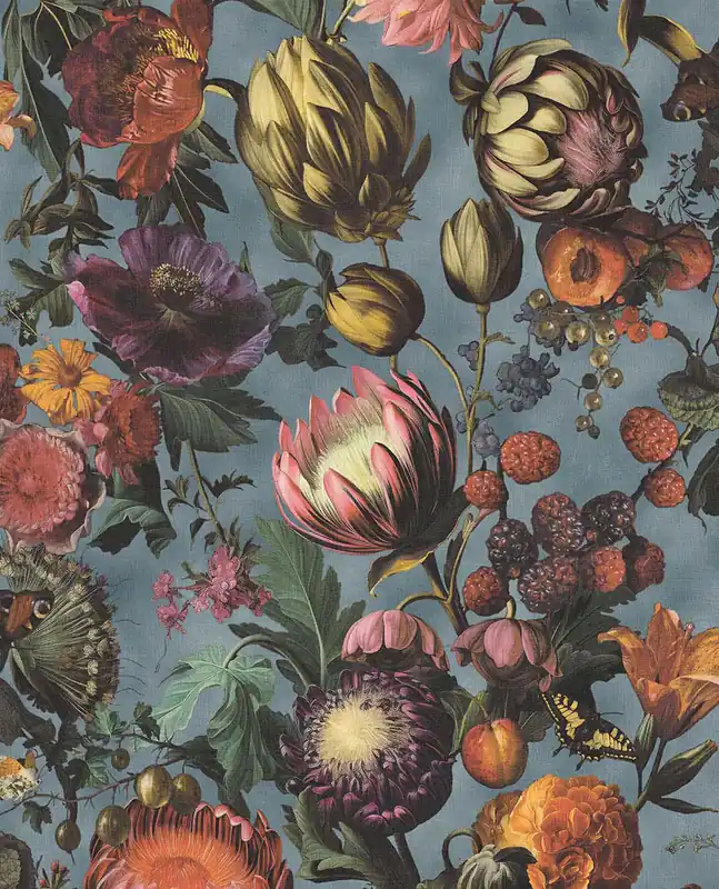Tapete, Blau, Blumen, Früchte, Schmetterlinge, 351232, Magnifique, Eijffinger Neue Kollektion