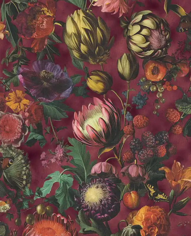 Super-Preis Tapete, Bordeaux, Blumen, Früchte, Schmetterlinge, 351235, Magnifique, Eijffinger