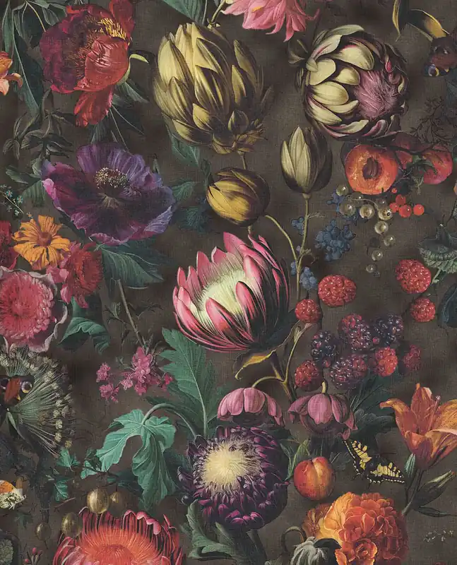 Tapete, Schwarz, Blumen, Früchte, Schmetterlinge, 351236, Magnifique, Eijffinger Geprüft