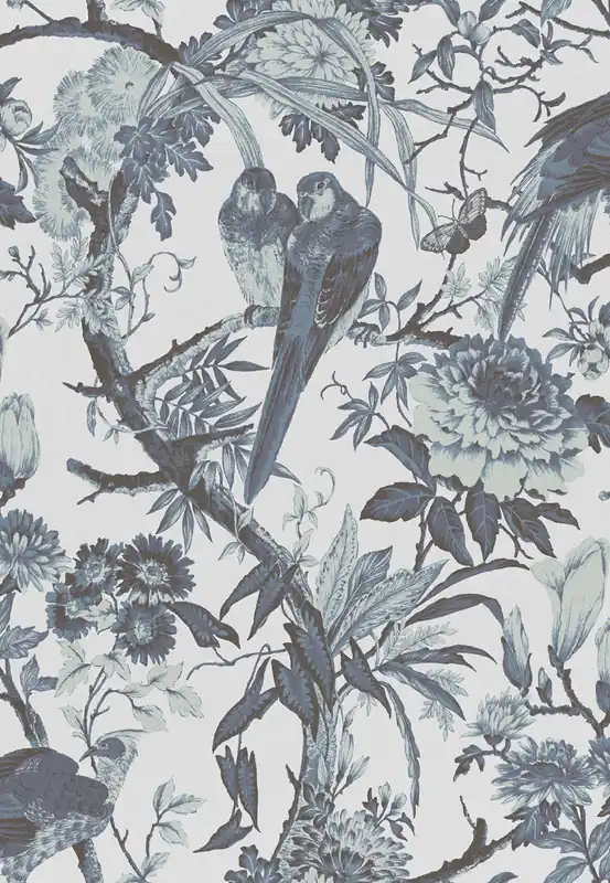 Tapete, blau-silber, Vögel, Blumen, Zweige, 127909, Arboretum, Graham Brown Premium Ausverkauf