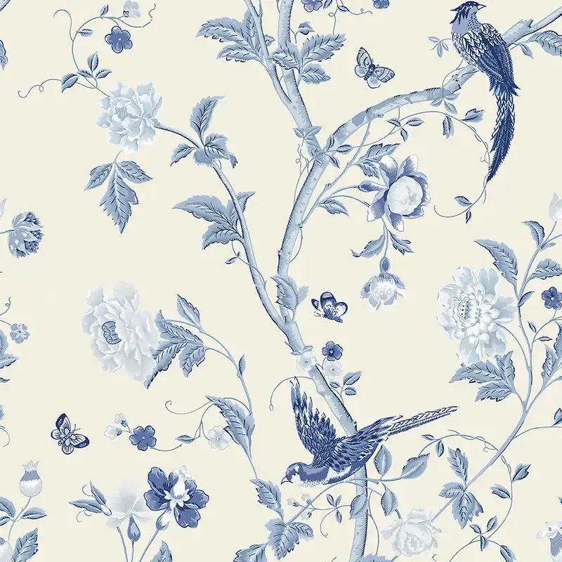 Rabatt Tapete mit blauen Blumen und Vögeln 113390, Laura Ashley, Graham & Brown