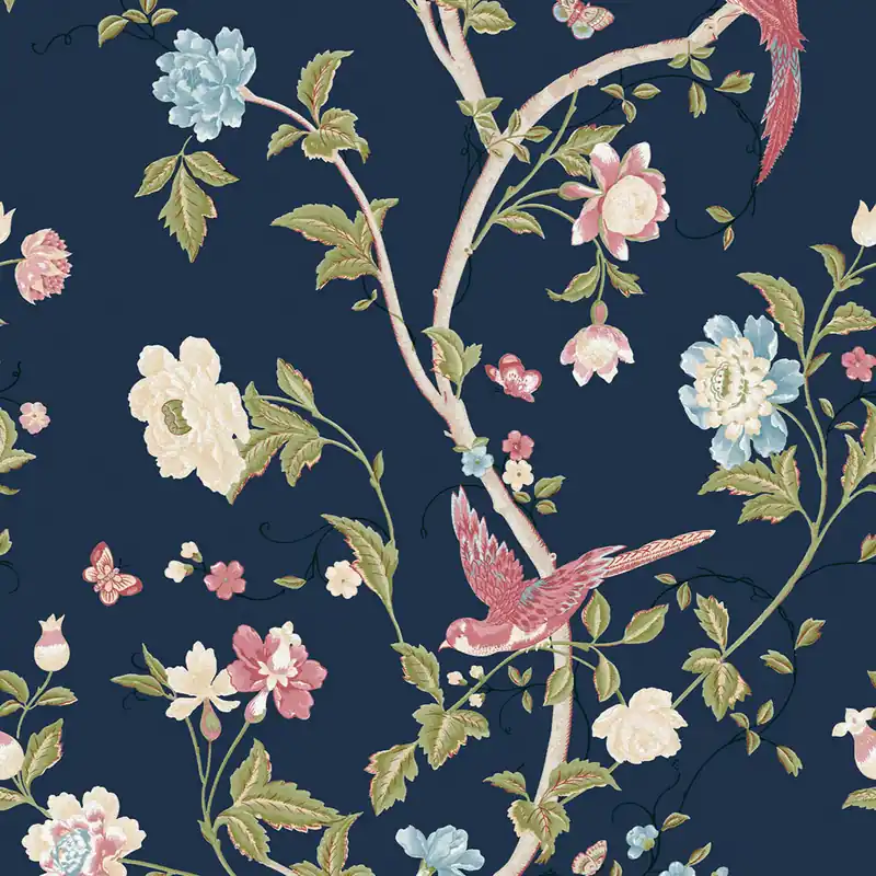Blaue Vliestapete mit Blumen, Schmetterlingen und Vögeln, 121134, Laura Ashley 3 Mega-Angebot